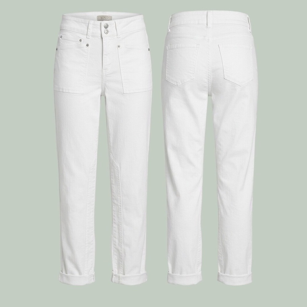 LOGO Lori Goldstein Women White Straight Leg Patch Pocket Jeans Size 4 High Rise